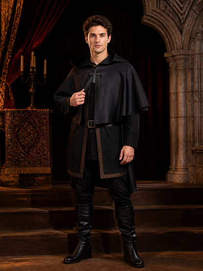 Medieval Gothic Short Hooded Cloak for Adults, Black Cape with Pointed Hood and