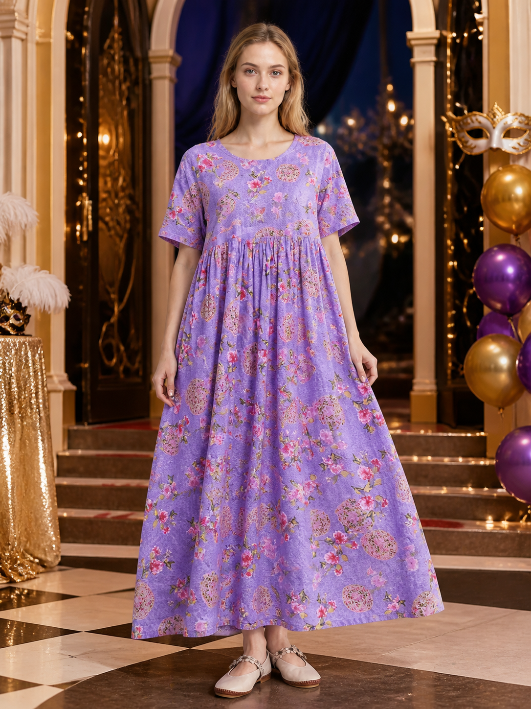 Purple Floral Print Short Sleeve Round Neck Long Dress with Drawstring Waist and detail view