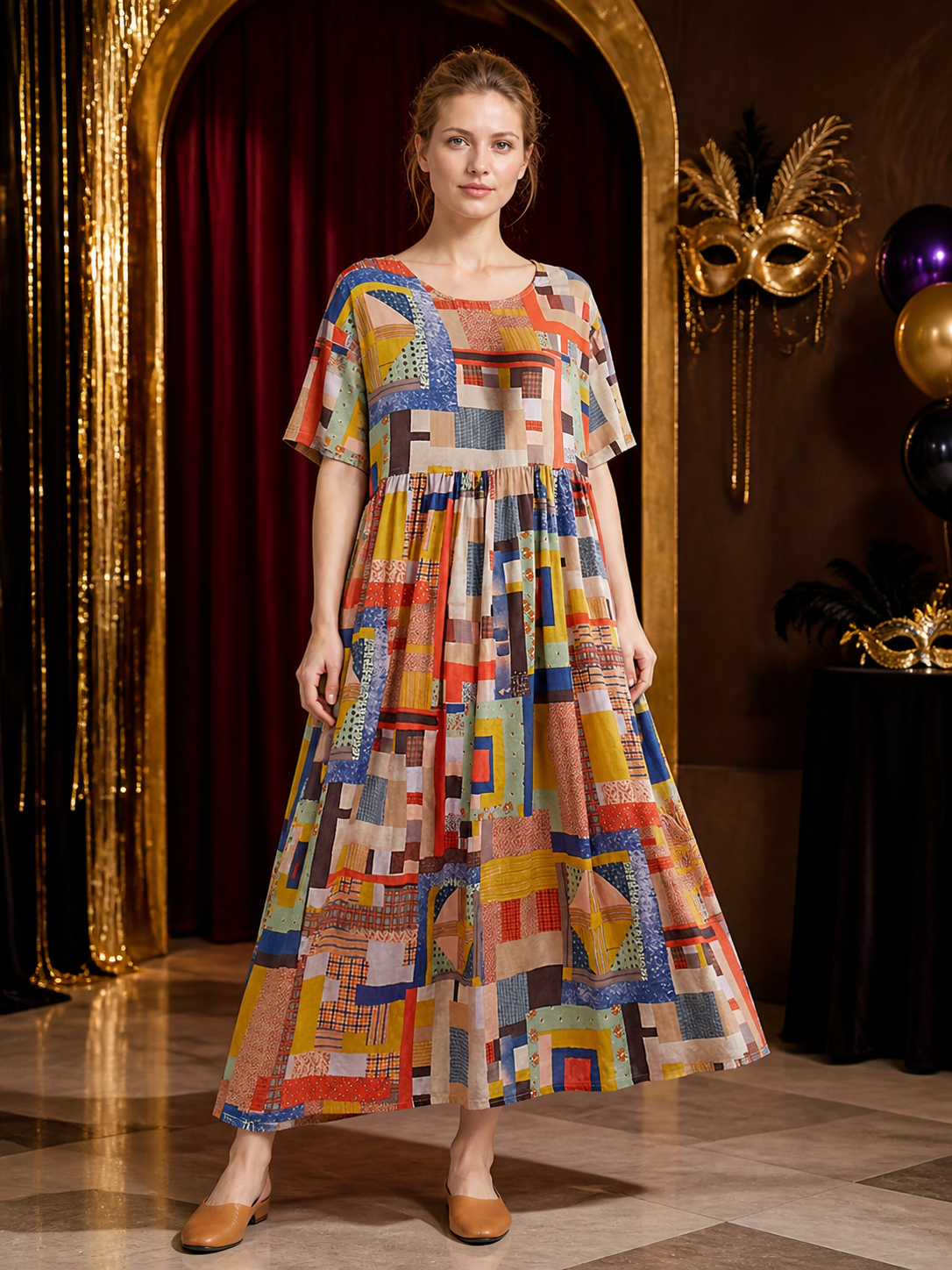 Colorful Geometric Patchwork Print Short Sleeve Long A-Line Dress with Round detail view