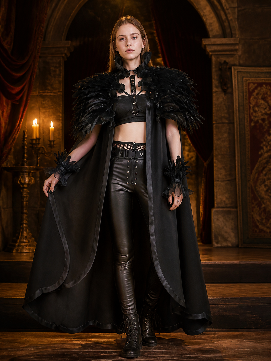 Black Gothic Feather Ruffle Cape & Wrist Set, Semi-Sheer Mesh Trim, Layered