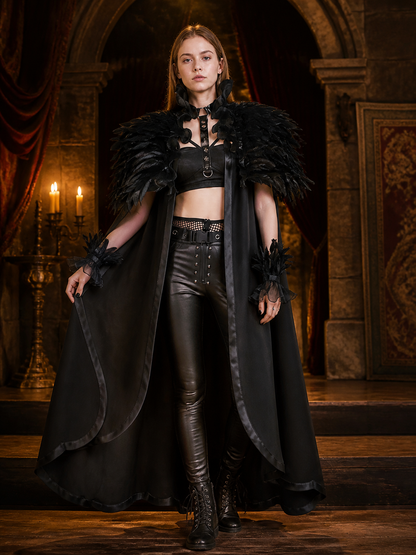 Black Gothic Feather Ruffle Cape & Wrist Set, Semi-Sheer Mesh Trim, Layered