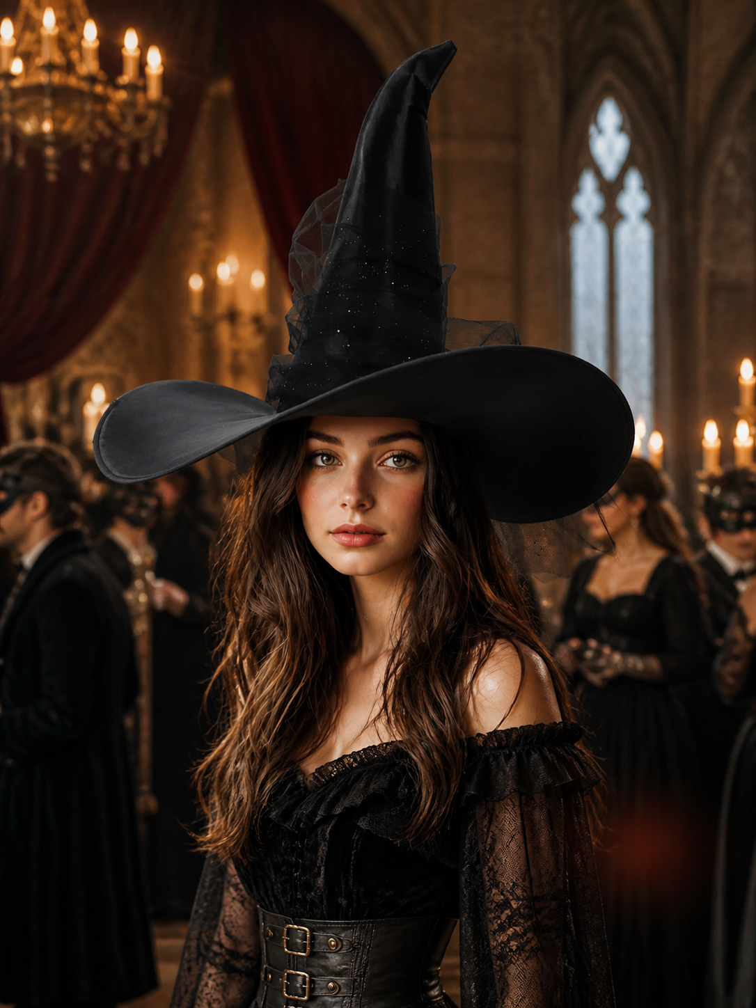 1pc Black Halloween Witch Hat Wide Brim Tall Pointed Wizard Cap with Mesh detail view 2