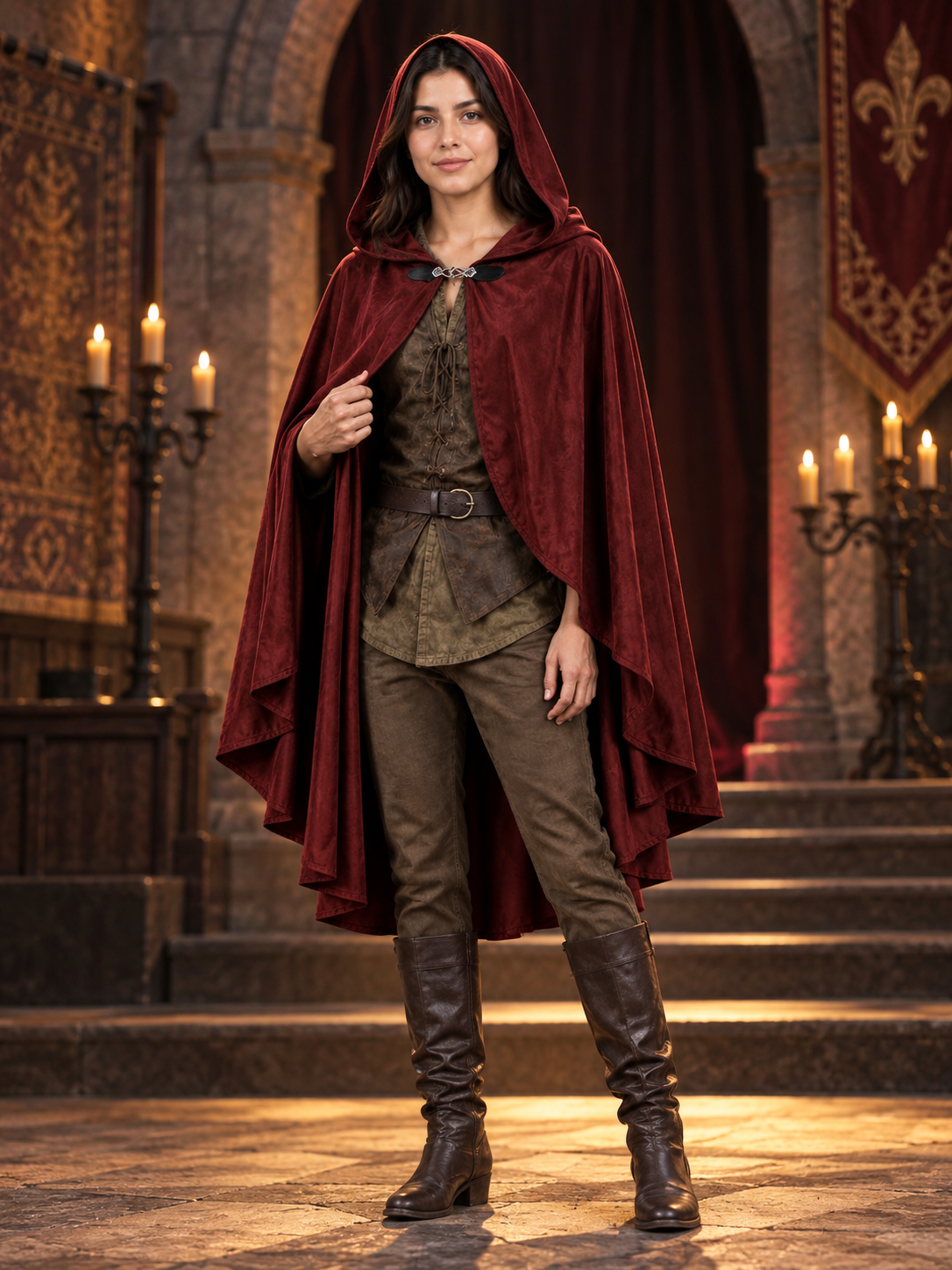 Long-length carnival cloak with a hood and a closure at the neckline, loose