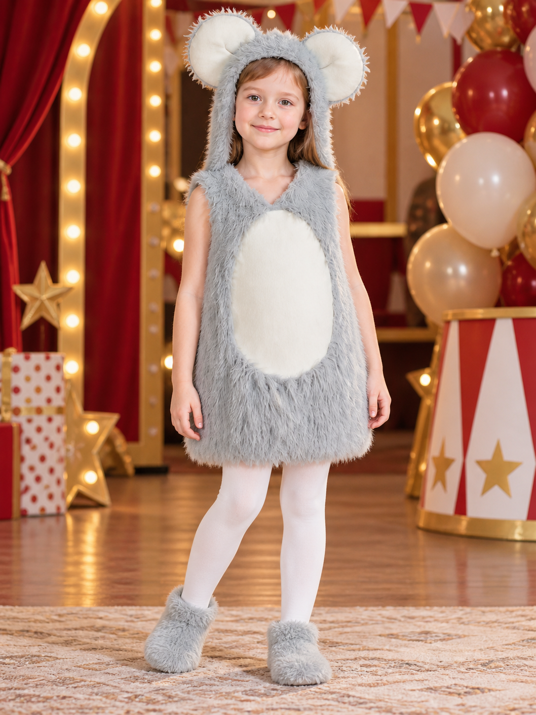 Kids' Mouse Costume in Faux Fur with Hood, Big Round Ears, and White Insert
