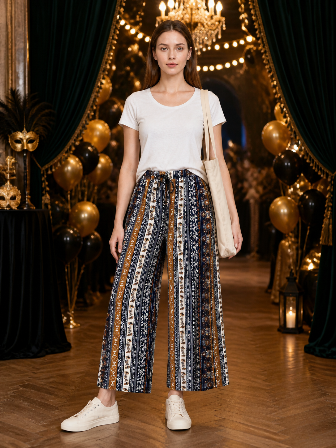 Bohemian High-Waist Wide-Leg Drawstring Pants with Multi-Color Vertical Stripes detail view