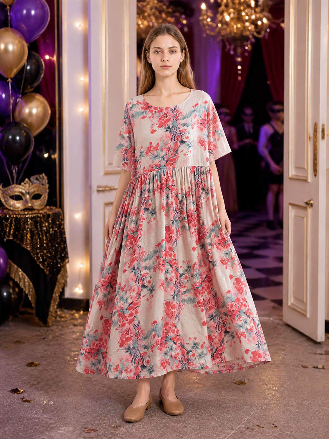 Floral Print Short Sleeve Long Dress with Waist Gathering and Flared Skirt detail view