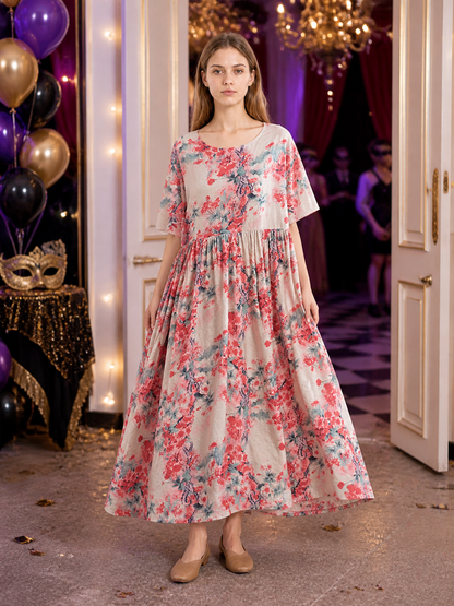 Floral Print Short Sleeve Long Dress with Waist Gathering and Flared Skirt detail view