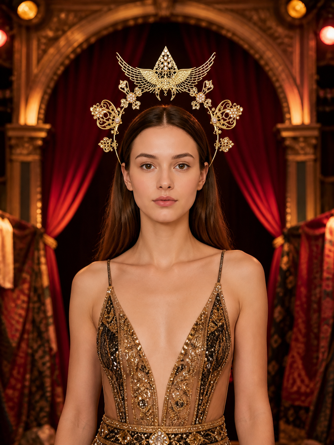 1pc Gold Halo Wing Headband, Ornate Metal Headpiece with Symmetrical Floral and