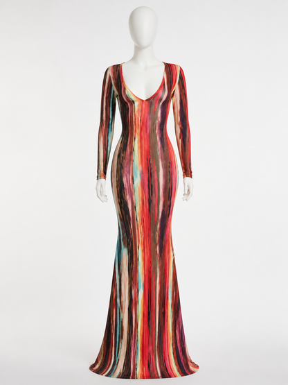 Long-Sleeve Red Fishtail Dress with V-Neck, Fitted Bodice, and Color-Blocked detail view 2