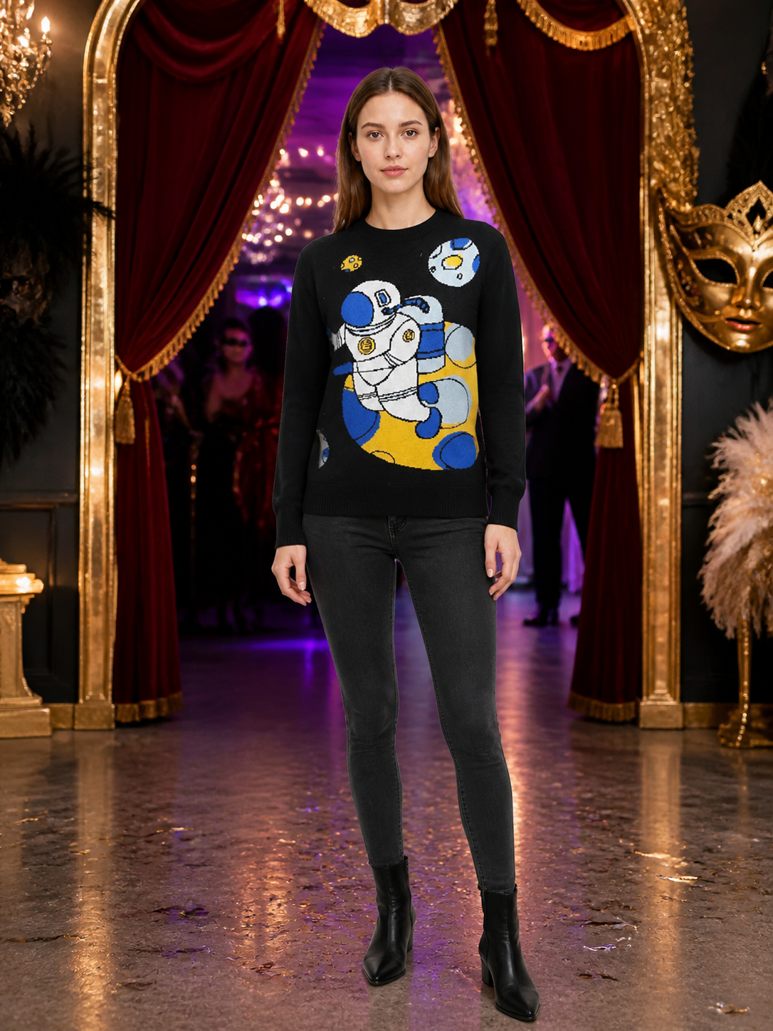 Black Crew Neck Long Sleeve Knit Sweater with Space Themed Astronaut and Planet