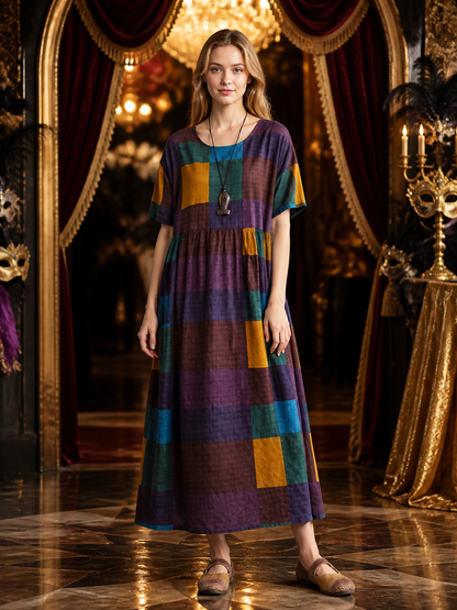 Round Neck Geometric Color Block Short Sleeve A-Line Long Dress with Waist detail view