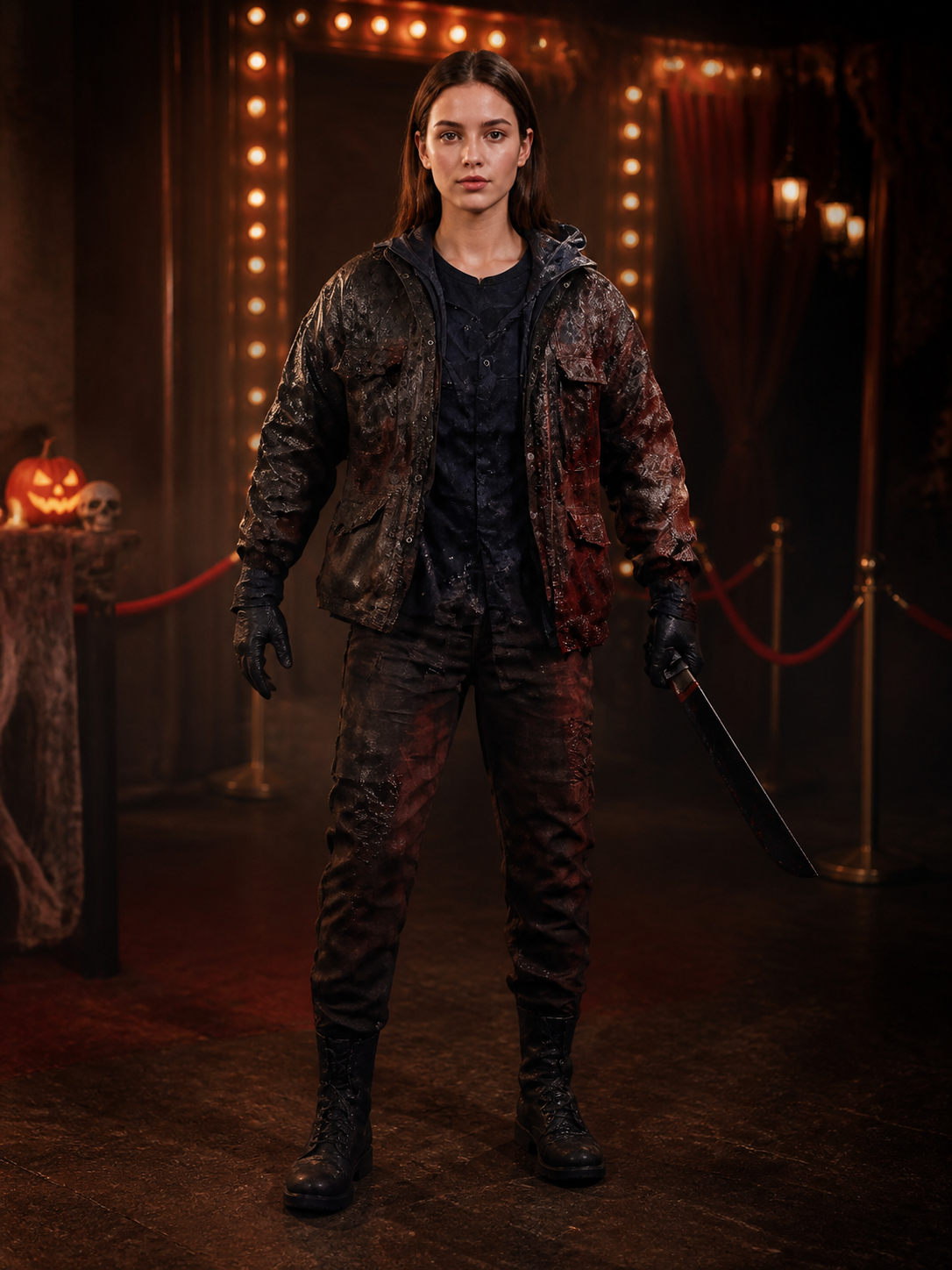 Jason Horror Costume with Silver-Grey Full-Face Mask and Distressed Texture detail view