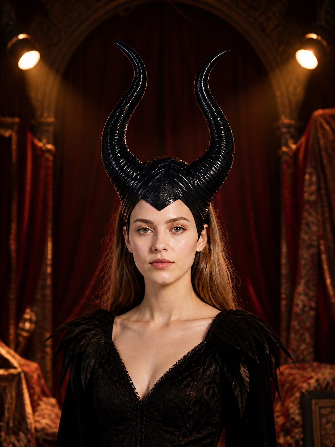 1pc Black Horn Headpiece with Striped Texture, Symmetrical Curved Horns detail view 2