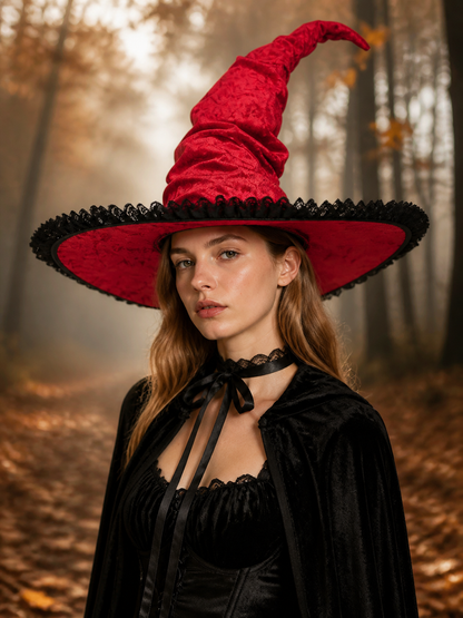 Red and Black Wide Brim Witch Hat, Tall Curved Pointed Top with Black Lace Trim detail view 3