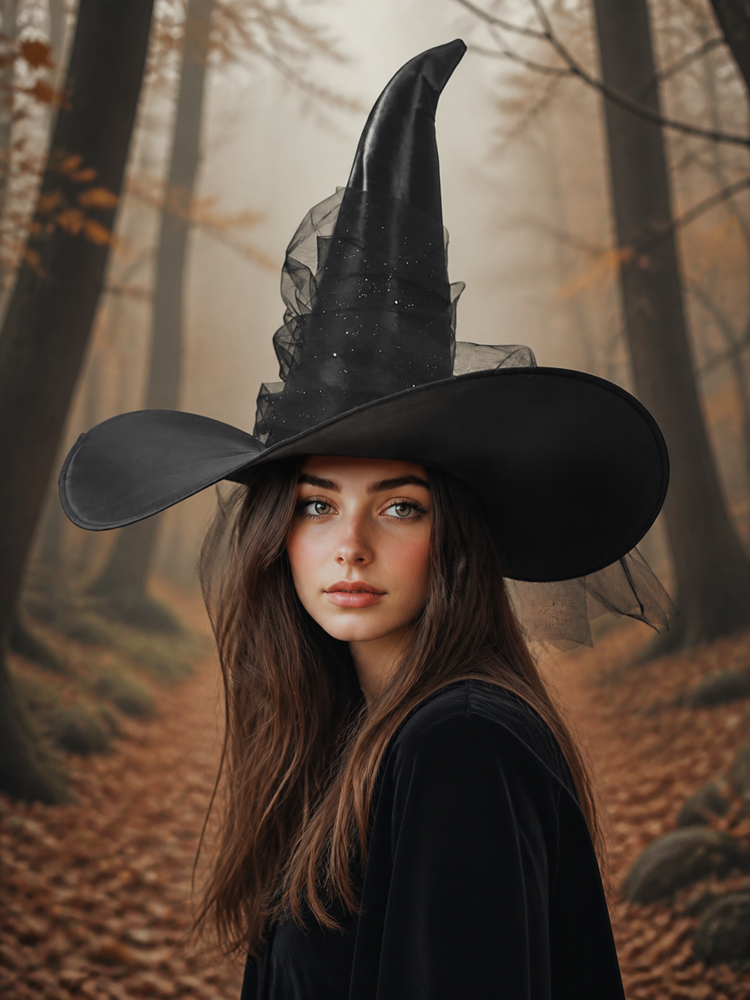 1pc Black Halloween Witch Hat Wide Brim Tall Pointed Wizard Cap with Mesh detail view 3