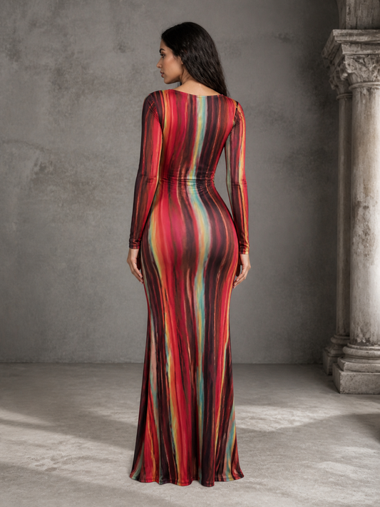 Long-Sleeve Red Fishtail Dress with V-Neck, Fitted Bodice, and Color-Blocked detail view