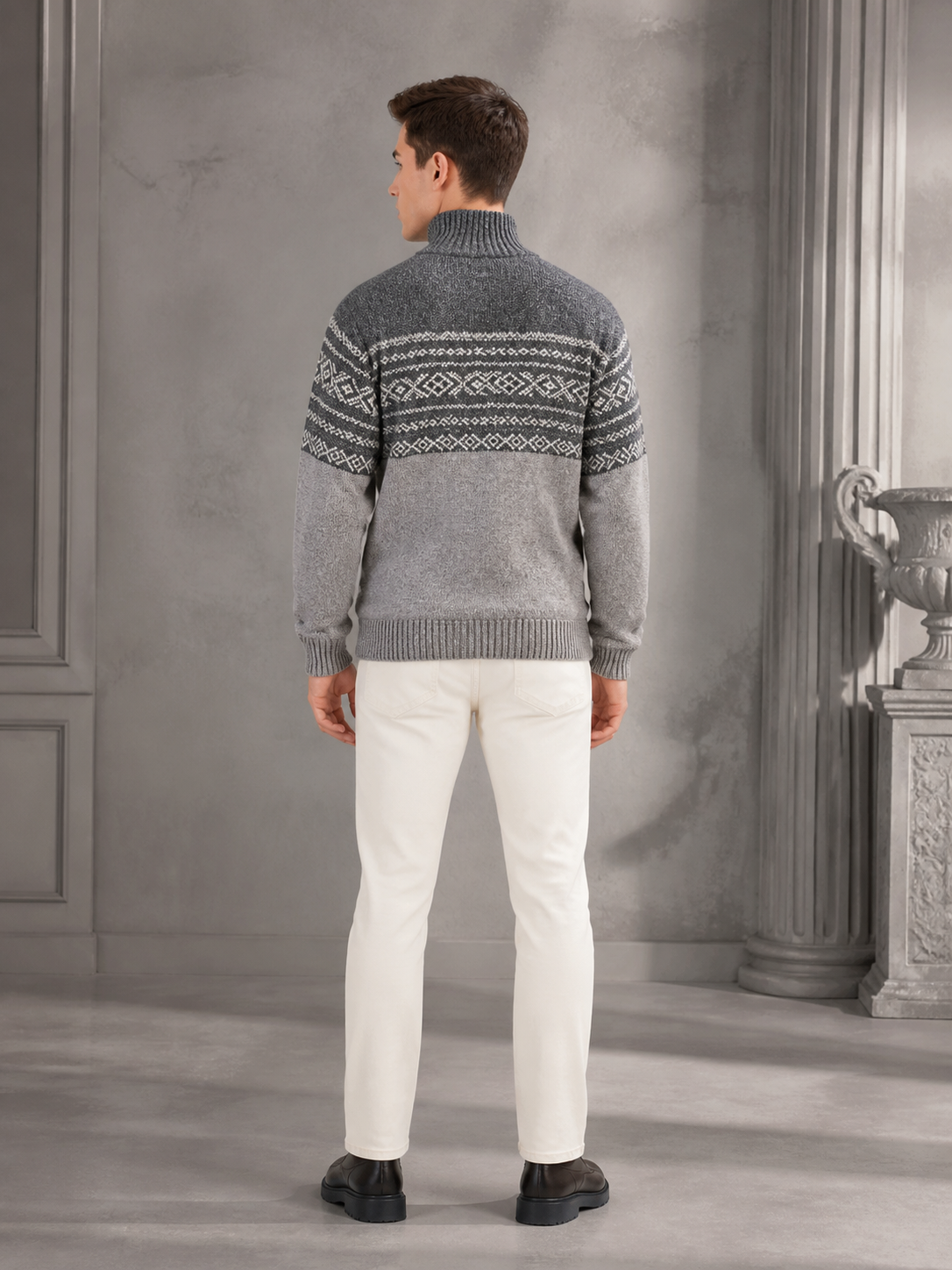 Geometric Jacquard High Collar Knit Sweater with Short Zipper, Gray-Black Color detail view 2