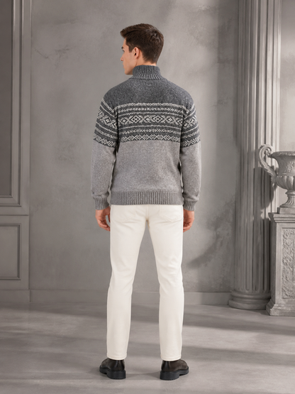 Geometric Jacquard High Collar Knit Sweater with Short Zipper, Gray-Black Color detail view 2