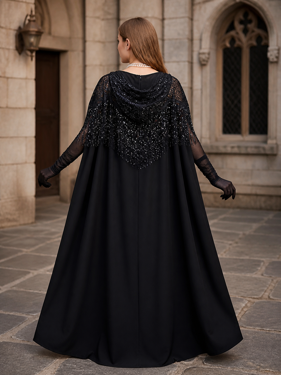 Black Fringe Lace Shawl Cape Set with Layered Necklace & Mesh Gloves for Women