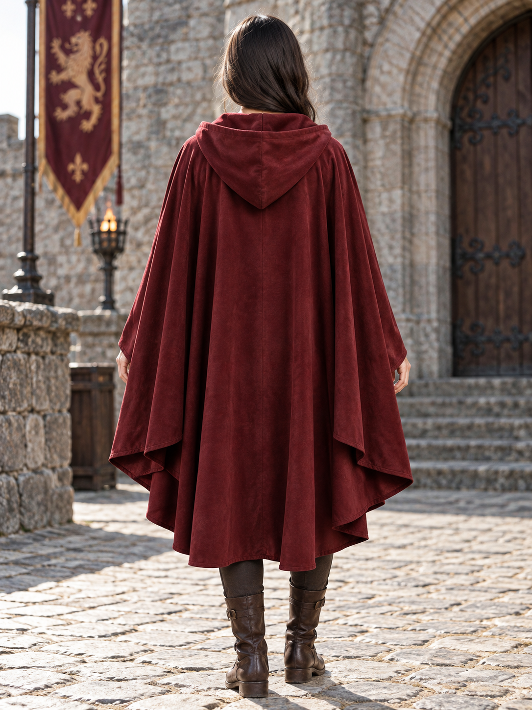Long-length carnival cloak with a hood and a closure at the neckline, loose