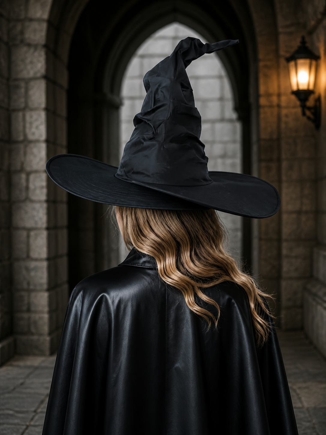 Black Halloween Witch Hat Wide Brim Pointed Wizard Hat Ruched Asymmetrical Brim detail view 3