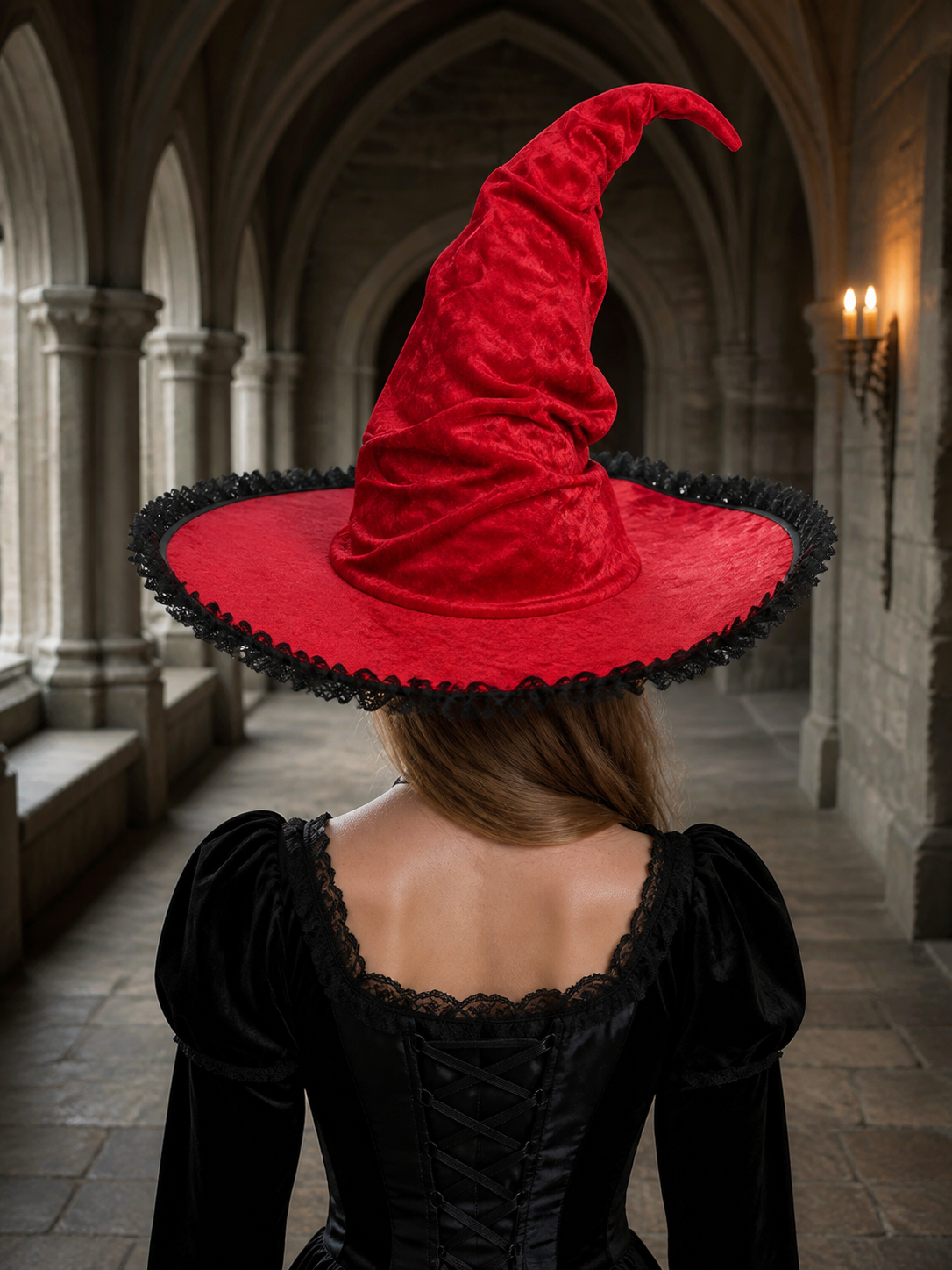Red and Black Wide Brim Witch Hat, Tall Curved Pointed Top with Black Lace Trim detail view 4