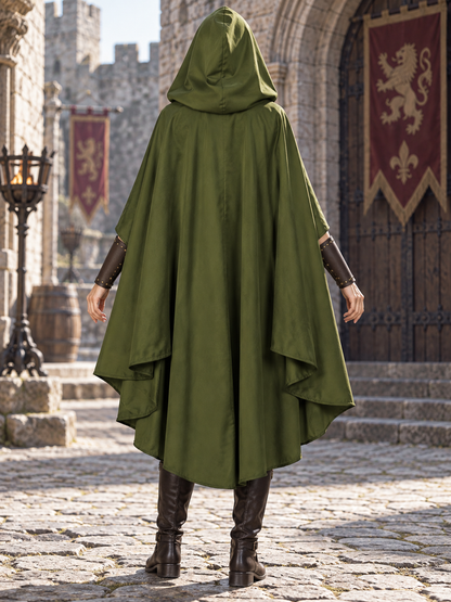 Olive green cloak costume with hood, open front, long panels, belt with buckle
