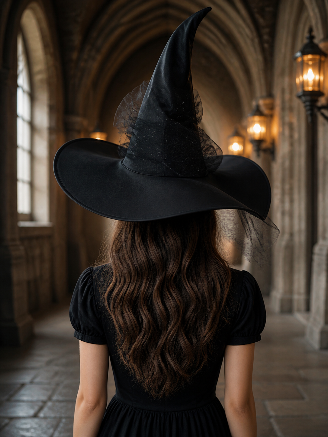 1pc Black Halloween Witch Hat Wide Brim Tall Pointed Wizard Cap with Mesh detail view 4 2