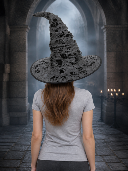 Gray Black Halloween Witch Hat For Women Wide Brim Curved Pointed Tattered Torn detail view 4