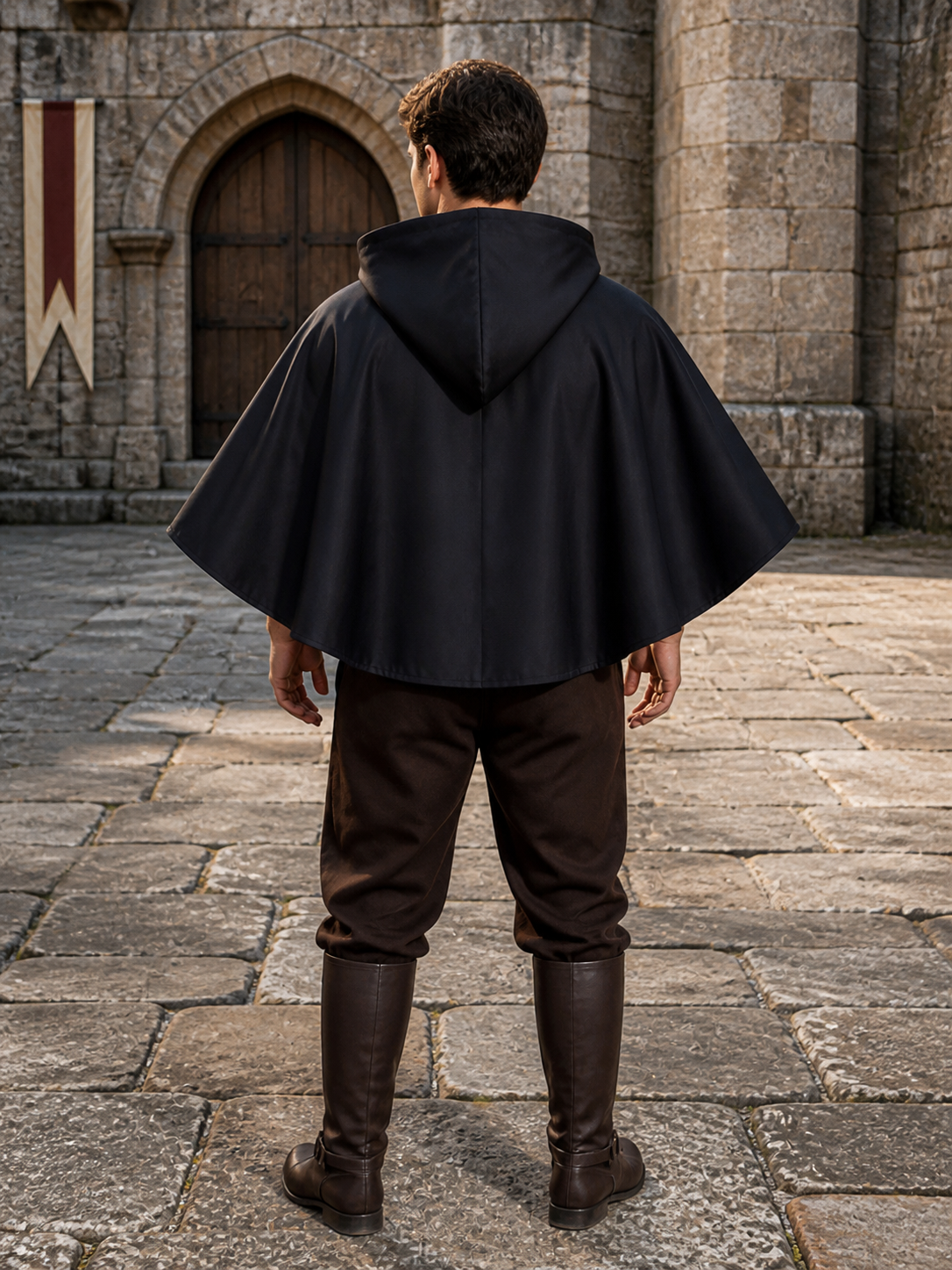 Medieval Gothic Short Hooded Cloak for Adults, Black Cape with Pointed Hood and