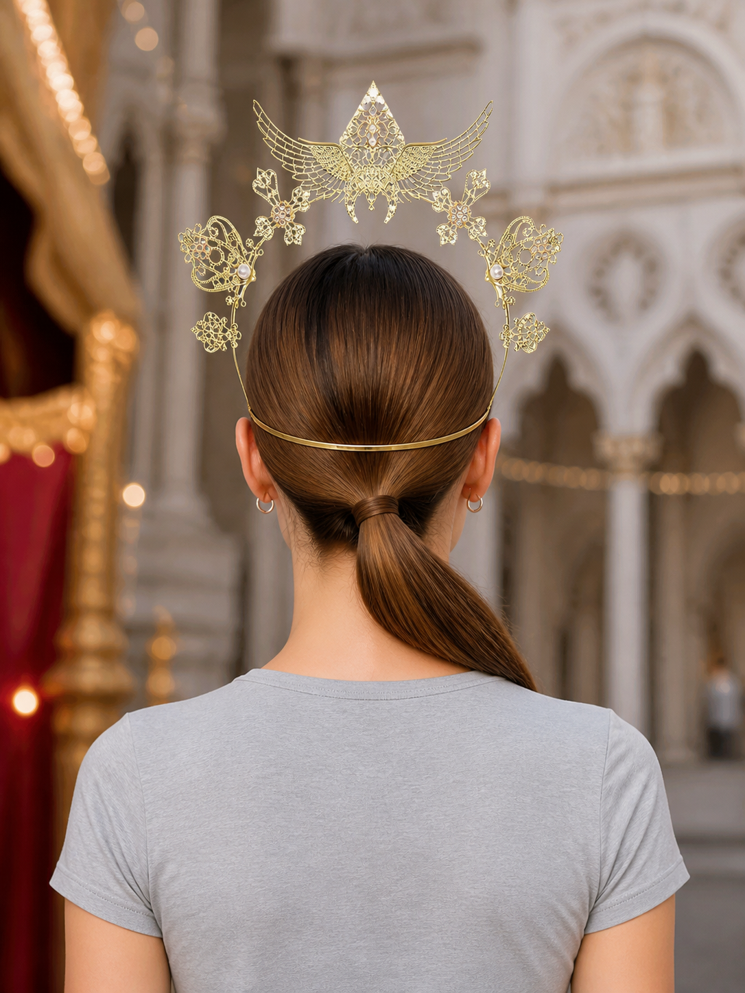 1pc Gold Halo Wing Headband, Ornate Metal Headpiece with Symmetrical Floral and