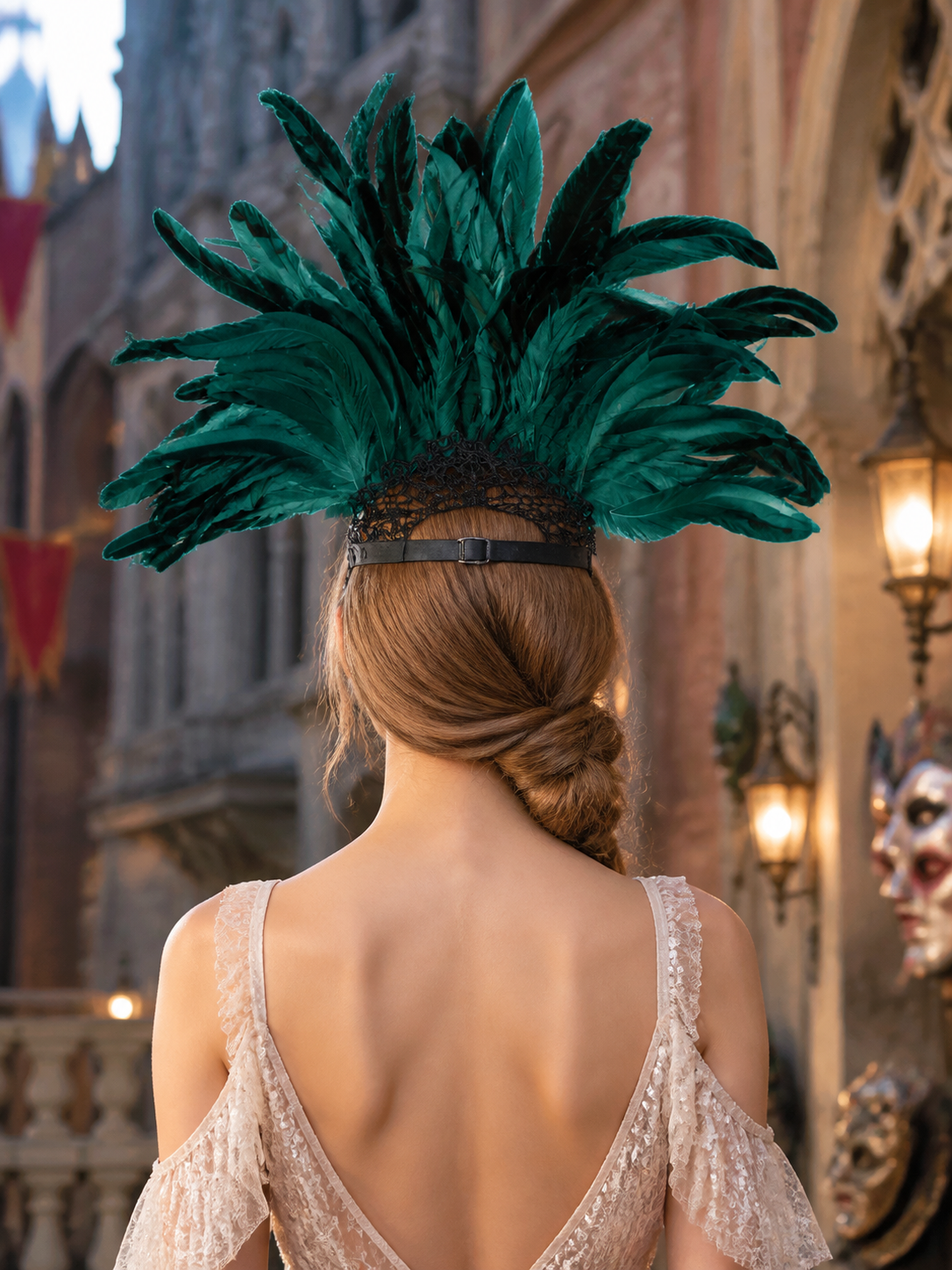1pc Green Feather Headpiece With Black Lace Eye Mask, Exaggerated Party Style detail view 6