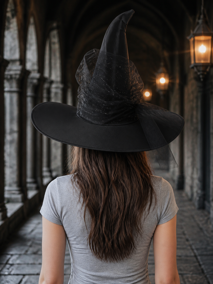 1pc Black Halloween Witch Hat Wide Brim Tall Pointed Wizard Cap with Mesh detail view 5