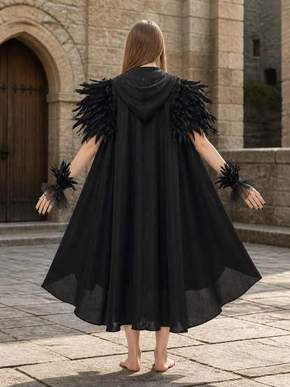 Black Gothic Feather Ruffle Cape & Wrist Set, Semi-Sheer Mesh Trim, Layered