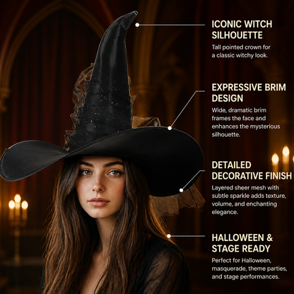 1pc Black Halloween Witch Hat Wide Brim Tall Pointed Wizard Cap with Mesh detail view 6