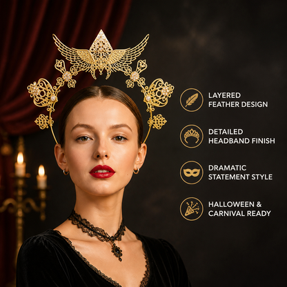 1pc Gold Halo Wing Headband, Ornate Metal Headpiece with Symmetrical Floral and