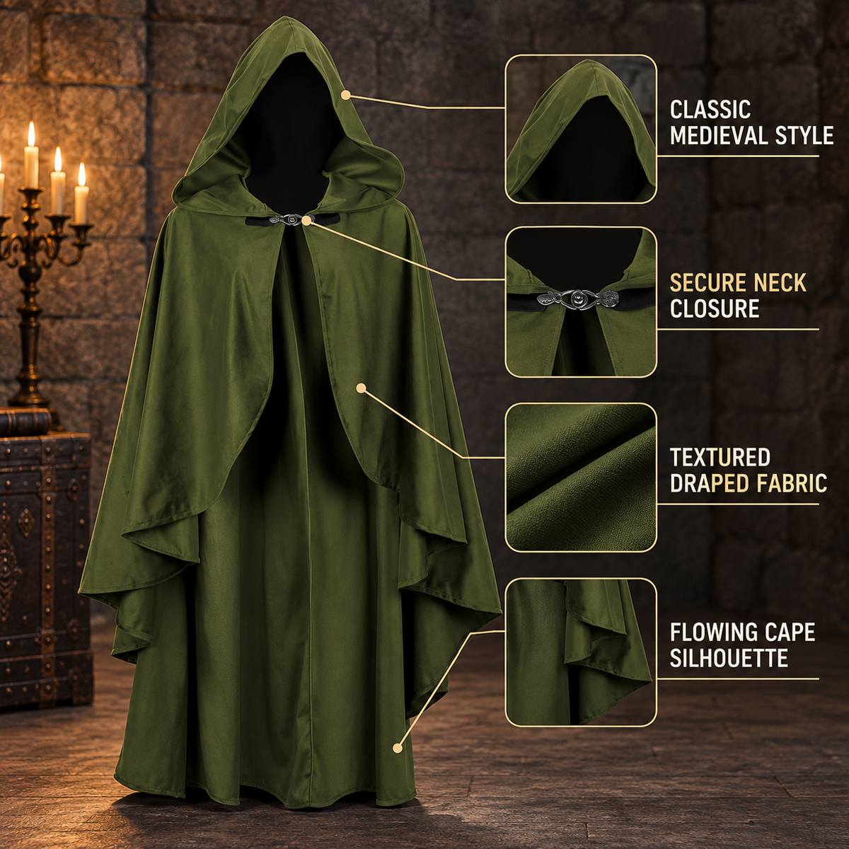 Olive green cloak costume with hood, open front, long panels, belt with buckle