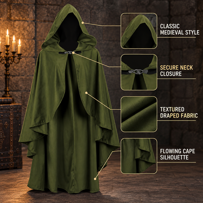 Olive green cloak costume with hood, open front, long panels, belt with buckle