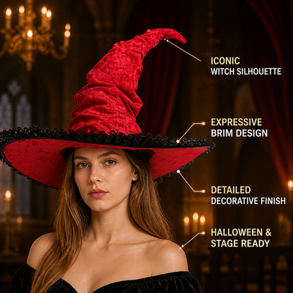 Red and Black Wide Brim Witch Hat, Tall Curved Pointed Top with Black Lace Trim detail view 5