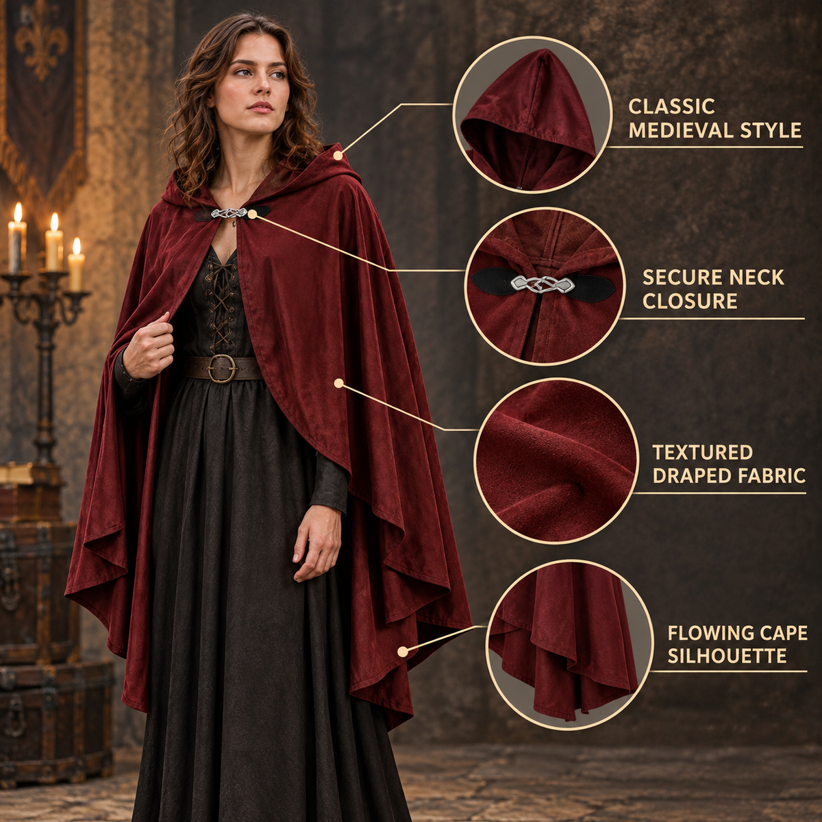 Long-length carnival cloak with a hood and a closure at the neckline, loose