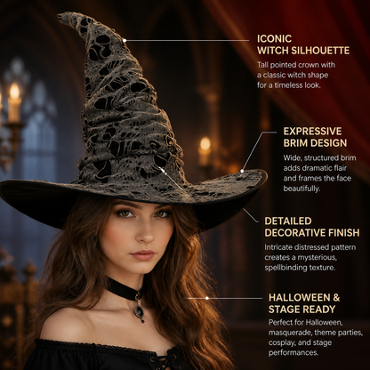 Gray Black Halloween Witch Hat For Women Wide Brim Curved Pointed Tattered Torn detail view 5