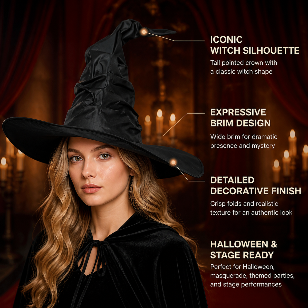 Black Halloween Witch Hat Wide Brim Pointed Wizard Hat Ruched Asymmetrical Brim detail view 4