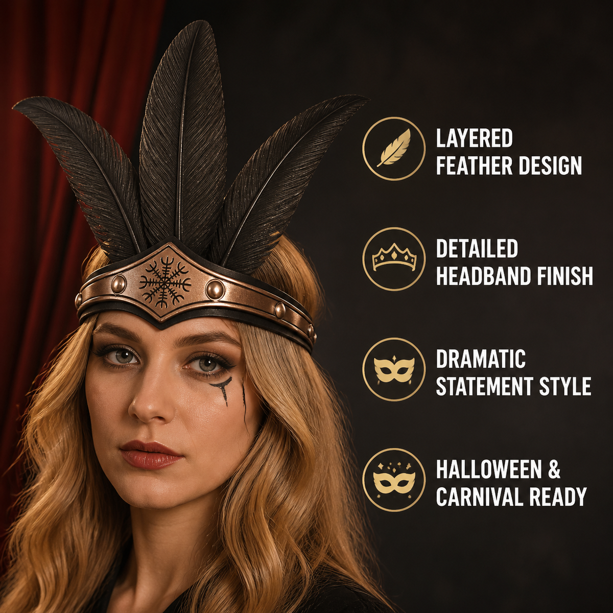 Wide Black Carnival Headband with Metal Decoration
