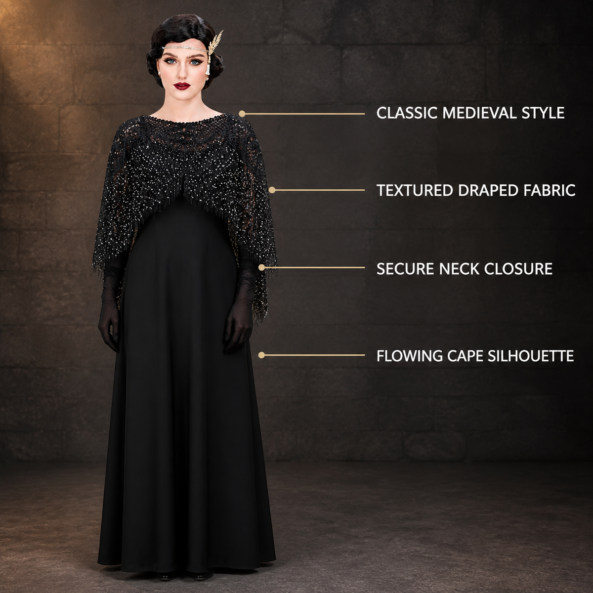 Black Fringe Lace Shawl Cape Set with Layered Necklace & Mesh Gloves for Women