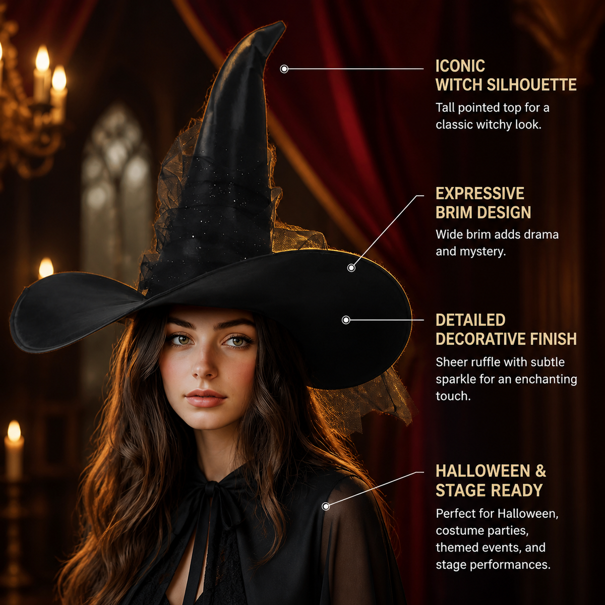 1pc Black Halloween Witch Hat Wide Brim Tall Pointed Wizard Cap with Mesh detail view 5 2