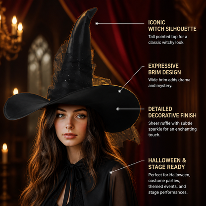 1pc Black Halloween Witch Hat Wide Brim Tall Pointed Wizard Cap with Mesh detail view 5 2