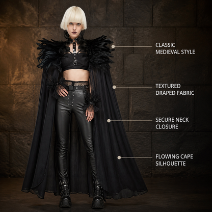 Black Gothic Feather Ruffle Cape & Wrist Set, Semi-Sheer Mesh Trim, Layered