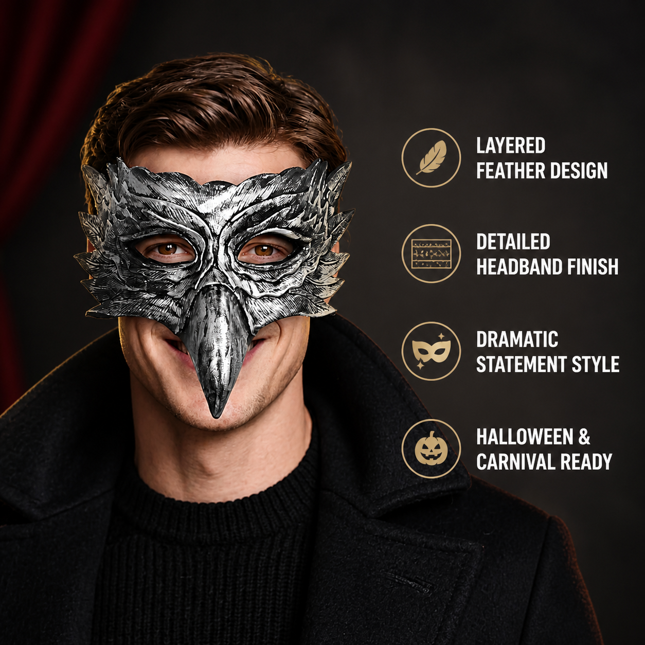 1pc Silver Black Eagle Feather Half Face Mask with Long Beak, Layered Feathers