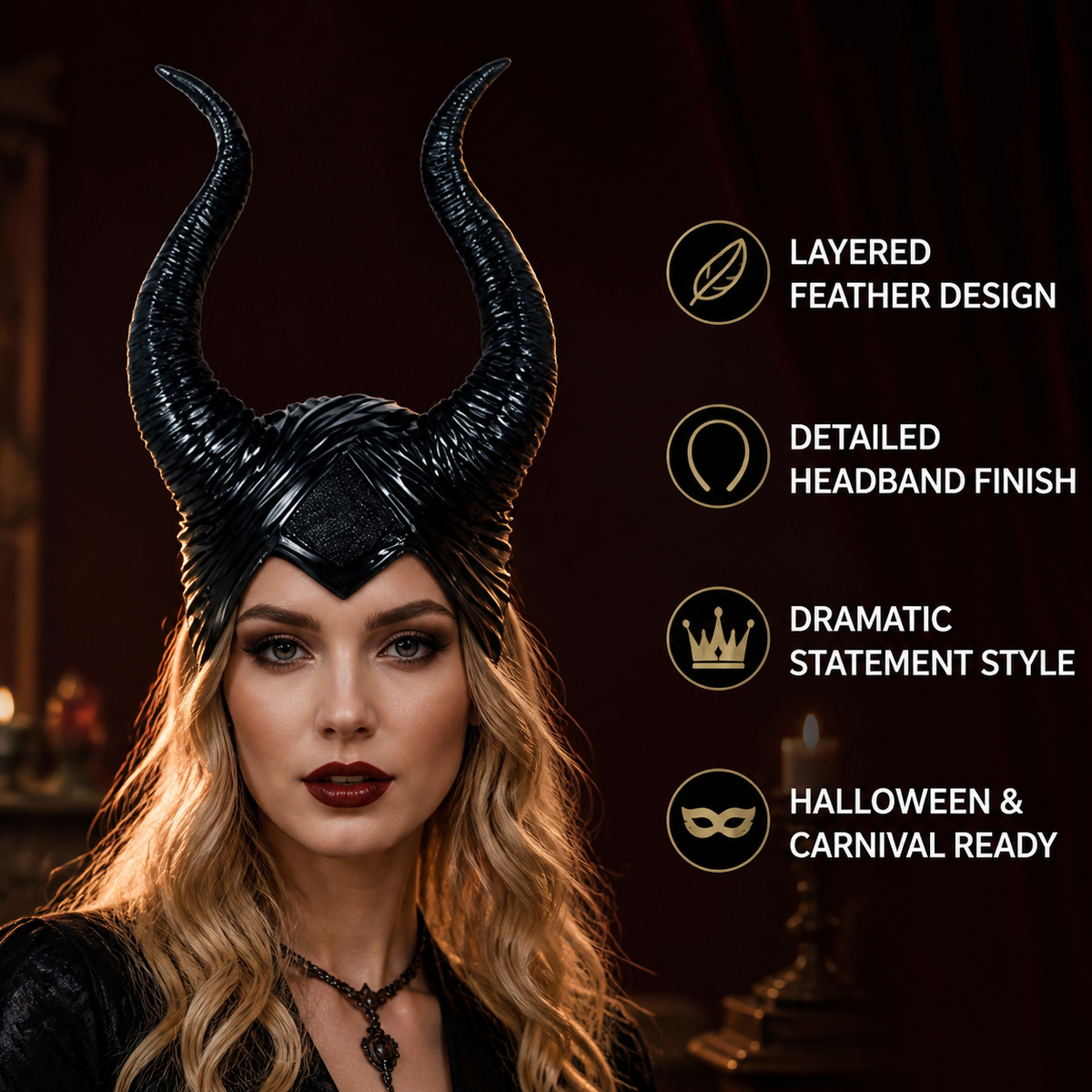 1pc Black Horn Headpiece with Striped Texture, Symmetrical Curved Horns detail view 5