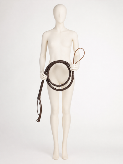 Women Halloween Cowgirl Costume Whip Prop, Brown Braided with Split Ends and detail view